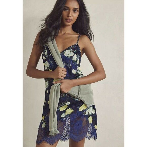 NEW FREE PEOPLE Sz S SUNFADE PRINTED LACE EMBROIDERED SLIP  DRESS NIGHT COMBO - Picture 1 of 3